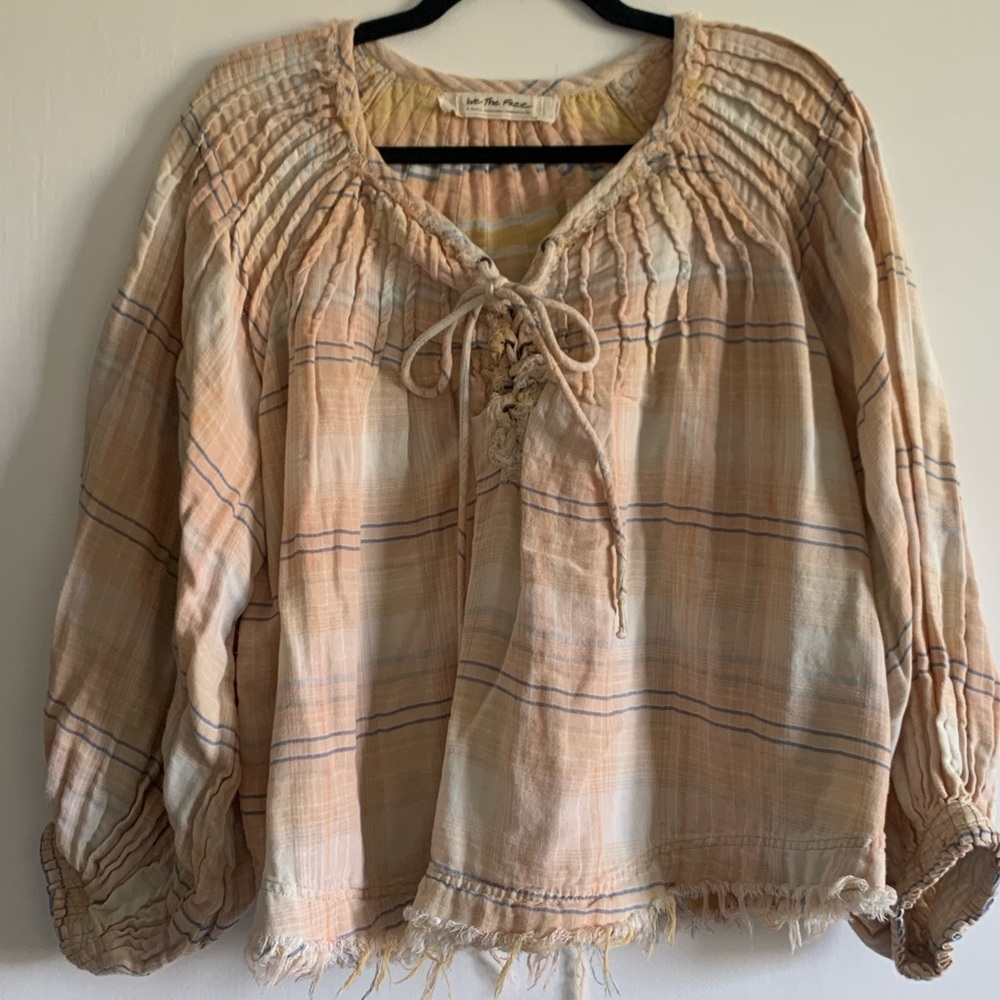 Free People We the Free White/Yellow Boho The Cloudbreaker Plaids Lace Blouse - Picture 5 of 11